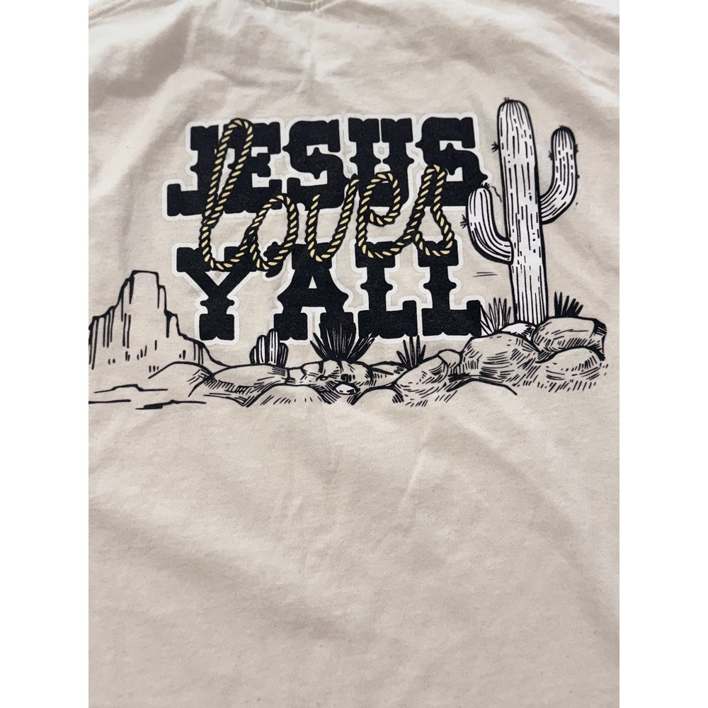 Jesus Loves Y'all Desert Cactus Graphic T-Shirt Men's Cream Short Sleeve L - Picture 2 of 7